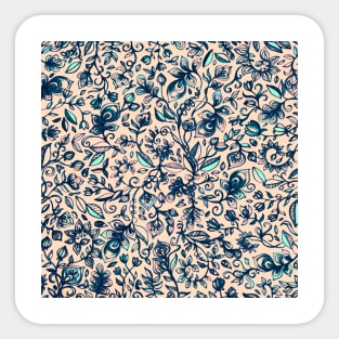 Teal Garden - floral doodle pattern in cream & navy blue Sticker